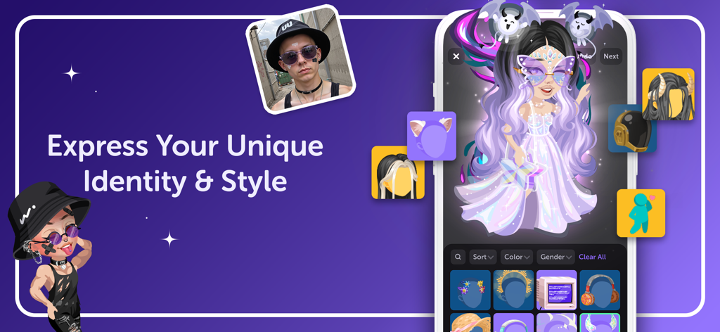 Interface de l'application Highrise présentant la personnalisation des avatars et l'expression du style personnel