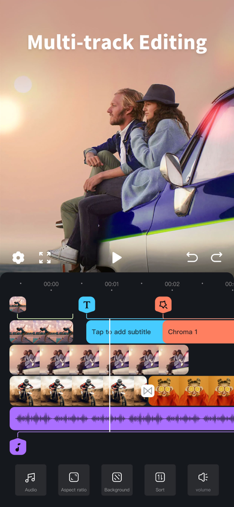 Interface de montage vidéo multi-pistes dans l'application Cup Cute montrant une chronologie avec des pistes vidéo et audio