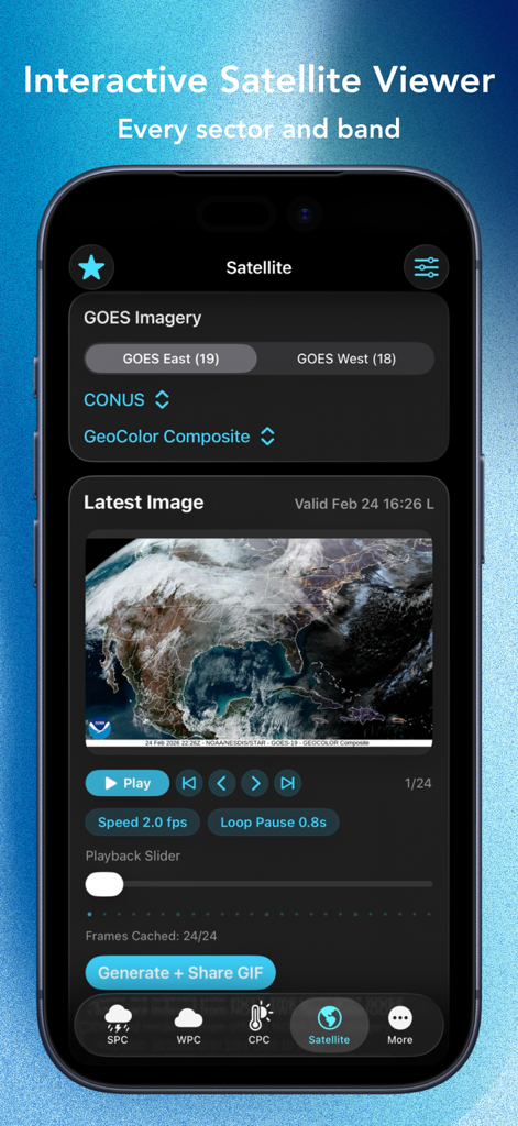 StormBase app interface showing interactive GOES satellite imagery with playback controls and GIF generation options.