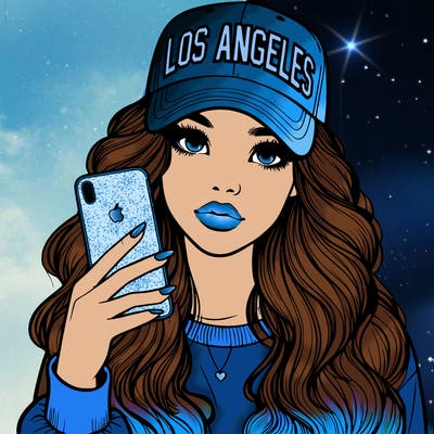 realistic beautiful girl wearing los ángeles cap holding an iphone