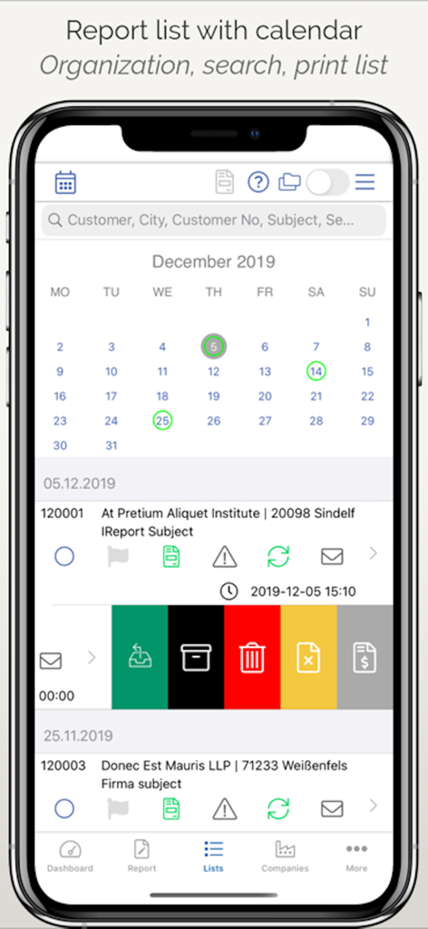 iReport Business - iReport Businessアプリのモバイルインターフェイス。レポートリストと、整理と検索のためのカレンダーが表示されています。