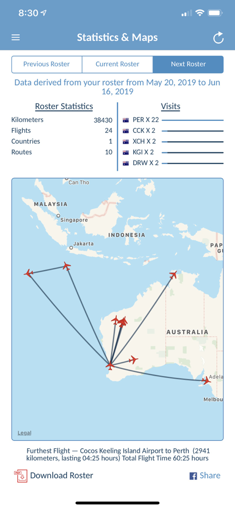 Roster Import app interface showing flight statistics and a map with flight routes over Australia and Indonesia