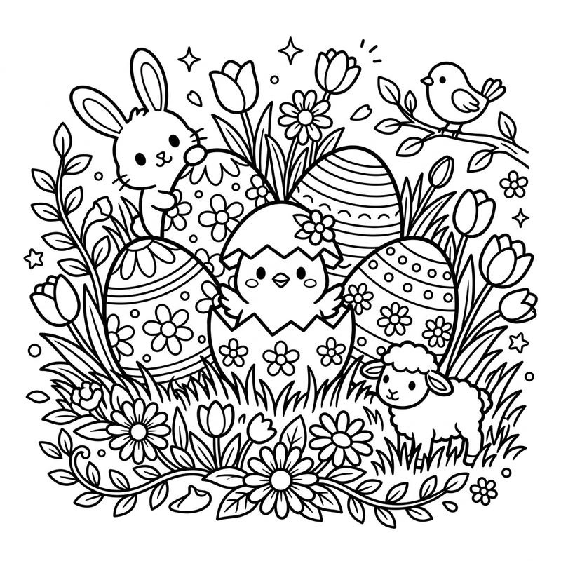 Celebrate the joy of spring with this delightful coloring page featuring a freshly hatched chick surrounded by beautifully decorated Easter eggs. Adorable bunnies, lambs, and cheerful birds join blooming flowers in a scene bursting with new life.