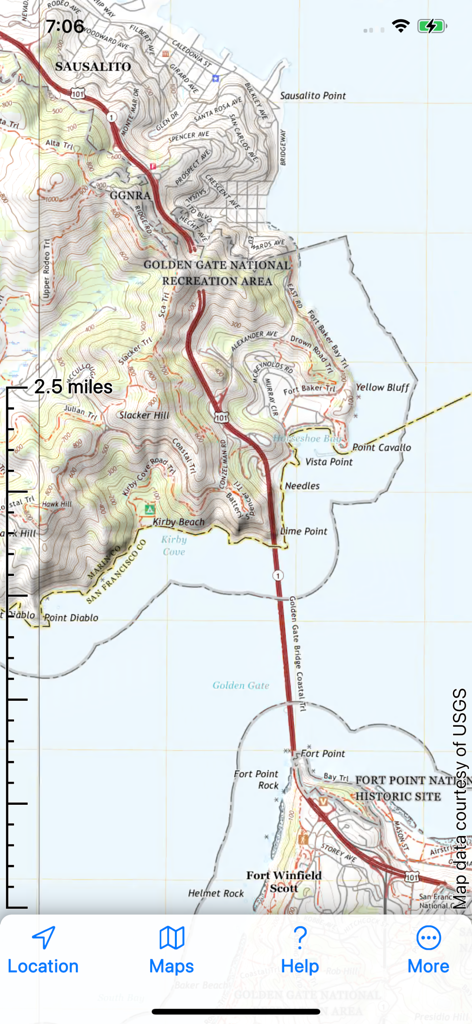 Topo Maps 2 - A detailed topographic map interface of the Golden Gate National Recreation Area with contour lines and trail routes.