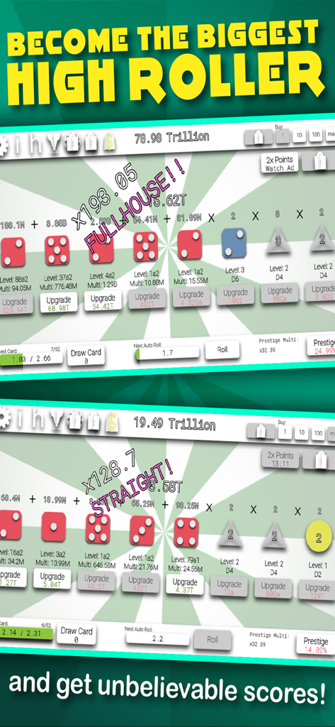 Idle Dice: Incremental Game - Gameplay of Idle Dice showing high score multipliers and dice combinations including Full House and Straight