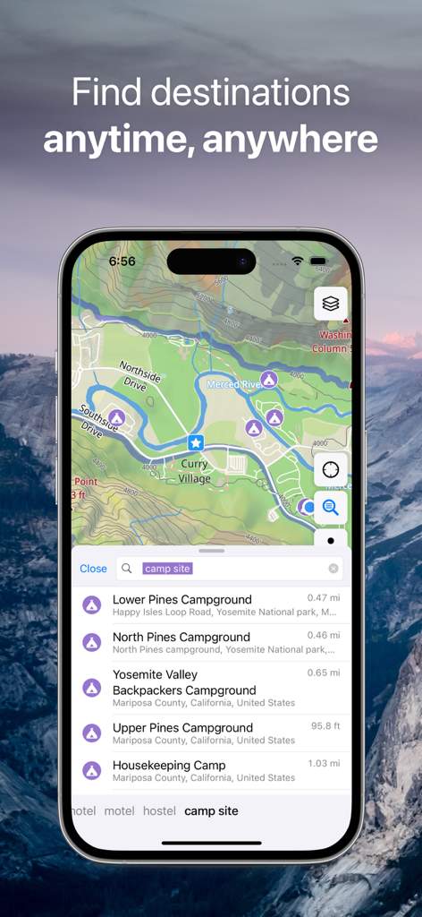 Guru Maps Pro & GPS Tracker - Guru Maps Pro interface showing a topographic map with search results for camp sites in Yosemite National Park.