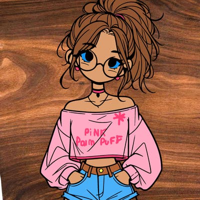 girl with a messy ponytail glasses a baggy crop top and jean shorts