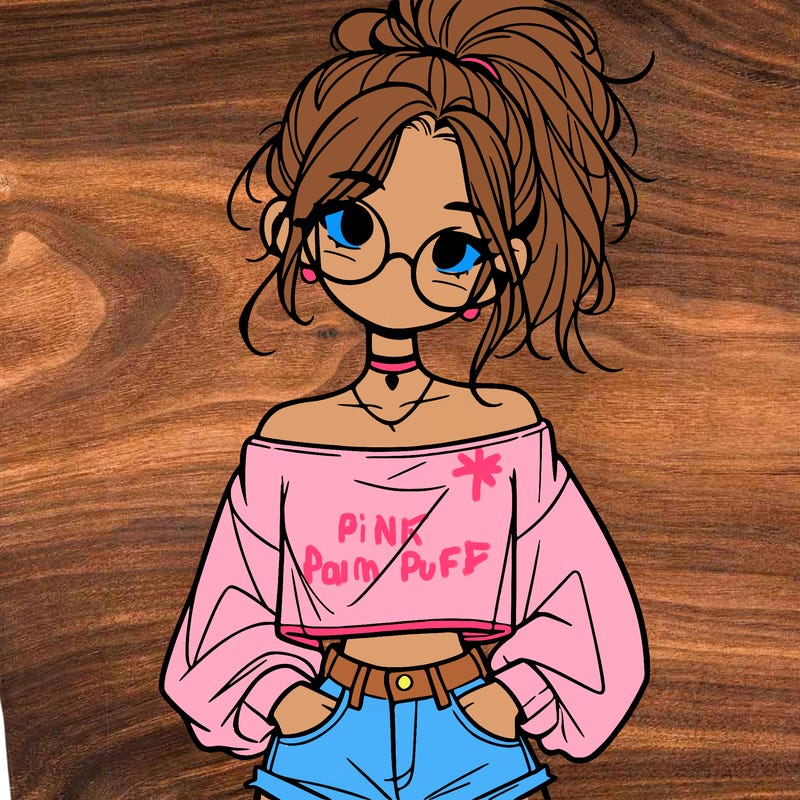girl with a messy ponytail glasses a baggy crop top and jean shorts