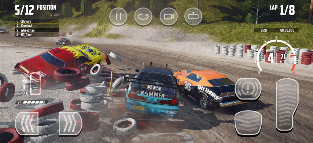 In-game screenshot of Wreckfest showing multiple cars crashing into each other on a dirt track.