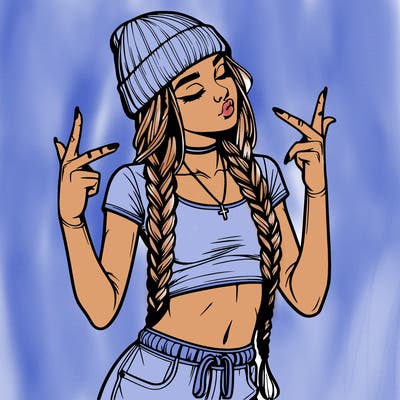 realistic teenage girl with braids and a beanie and crop top doing 🫶🏼