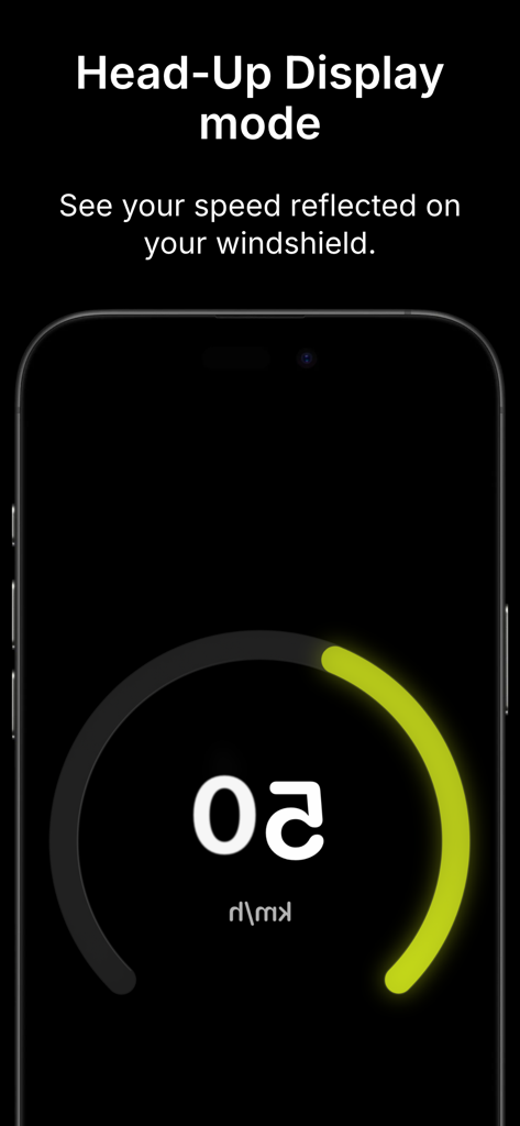 Speedra: GPS Speedometer - El modo Head-Up Display mostrando la velocidad reflejada en el parabrisas de un coche