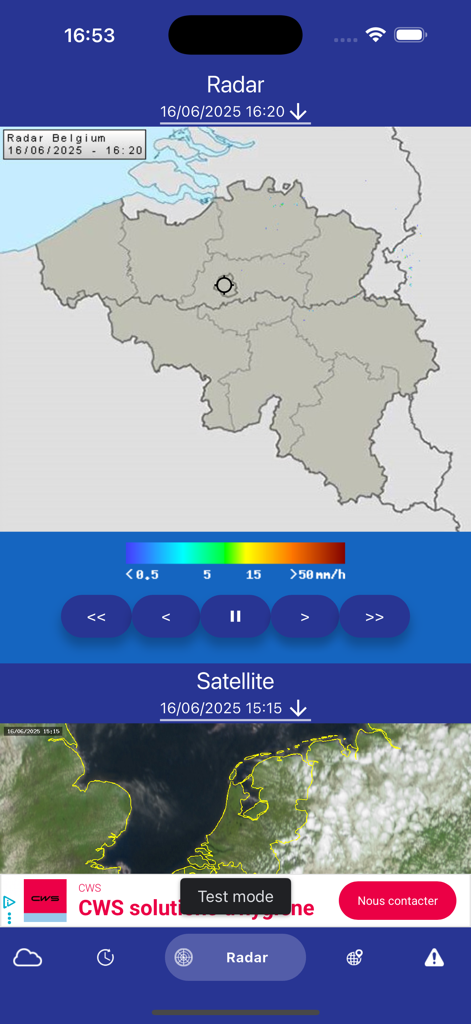 Meteo Belgique app displaying precipitation radar and satellite map of Belgium