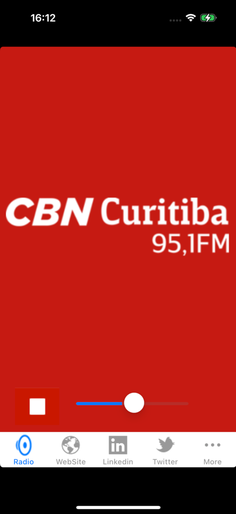 Rádio CBN Curitiba - Interfaz de la aplicación Radio CBN Curitiba mostrando el reproductor de noticias en vivo con controles de reproducción