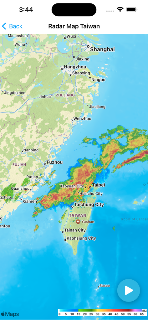 Weather Satellite Live Taiwan - Mapa de radar meteorológico en vivo de Taiwán que muestra la intensidad de la precipitación sobre Taipei y las regiones del norte.