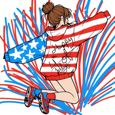 realistic girl jumping with a bun and oversized sweatshirt