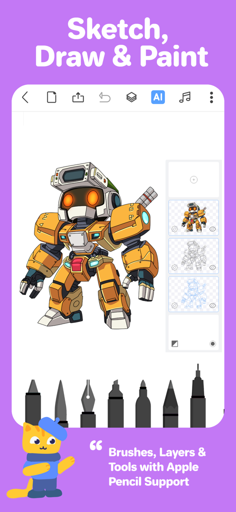 Drawing Desk:Learn to Draw App - Drawing Desk app interface displaying a robot illustration with professional layers and brush tools