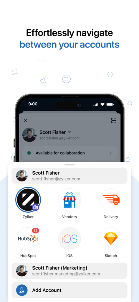 Zoho Cliq - Team Communication - 여러 업무용 계정과 팀 프로필 간의 전환 기능을 보여주는 Zoho Cliq 모바일 인터페이스.