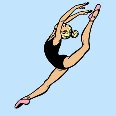 gymnast doing a leap in a leotard with a bent back leg