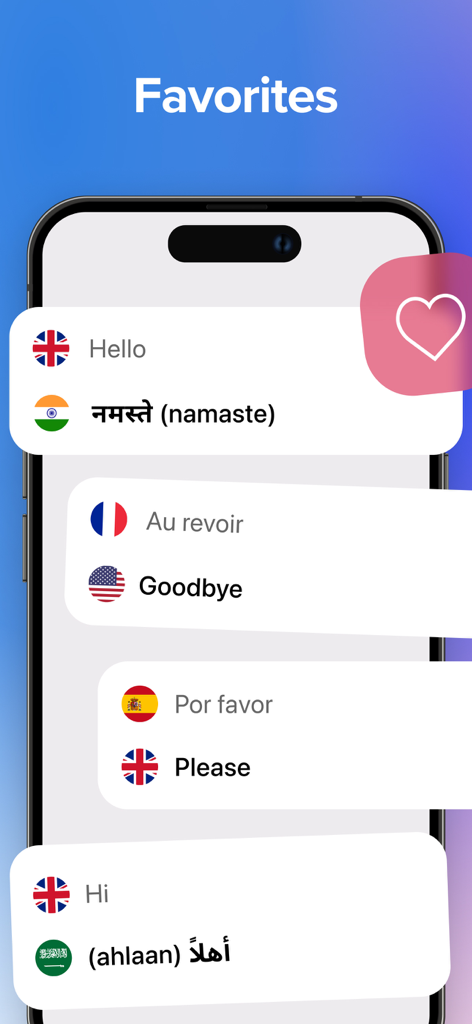 Talk & Translate AI Translator - Interfaccia mobile dell'app Talk and Translate che mostra un elenco di traduzioni preferite salvate, tra cui dall'inglese all'hindi e dal francese all'inglese.