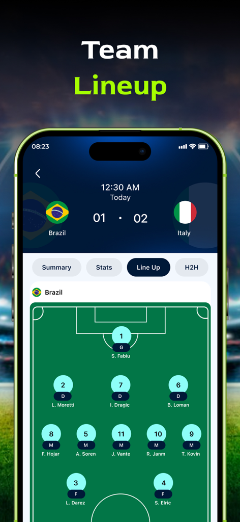 Live Football Score: Soccer TV - Live Football Score app screen showing a soccer team lineup and player formation on a pitch diagram