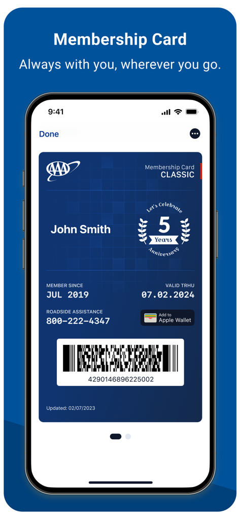 AAA Mobile - Digital AAA membership card on a mobile screen showing member name and roadside assistance contact info