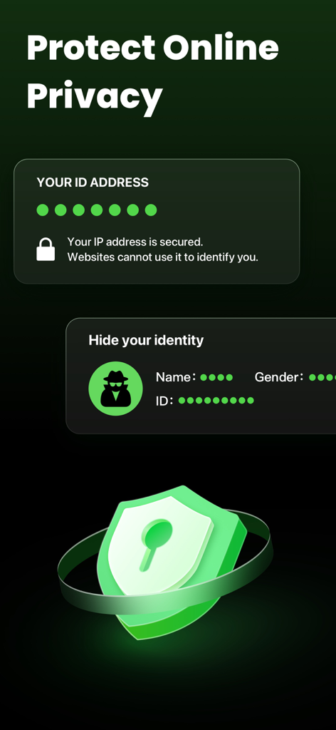 Melon VPN app screen showing online privacy protection features including secured IP address and hidden identity information with a green shield icon.