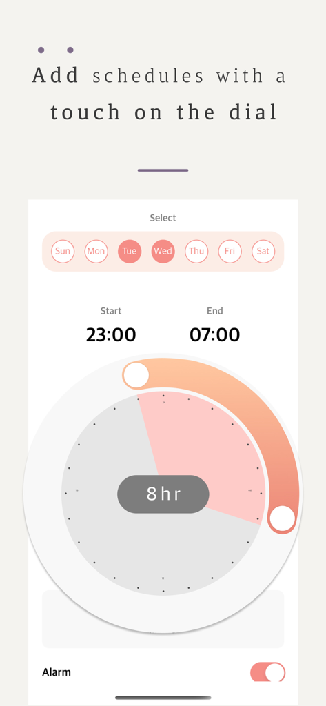 Interfaz de la aplicación DayDay que muestra cómo agregar un horario usando un dial de reloj circular visual.