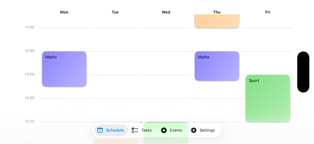 Timetable – Schedule & Tasks - Vista semanal del horario en modo horizontal que muestra materias escolares codificadas por colores y horarios de clases
