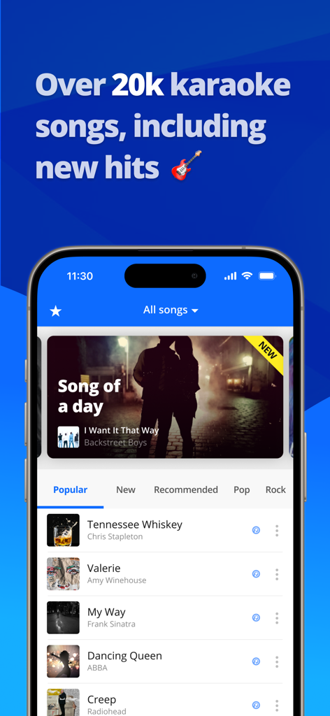 iSing: Sing & Record Karaoke - iSing app interface showing a library of over 20000 karaoke songs including popular and new hits.