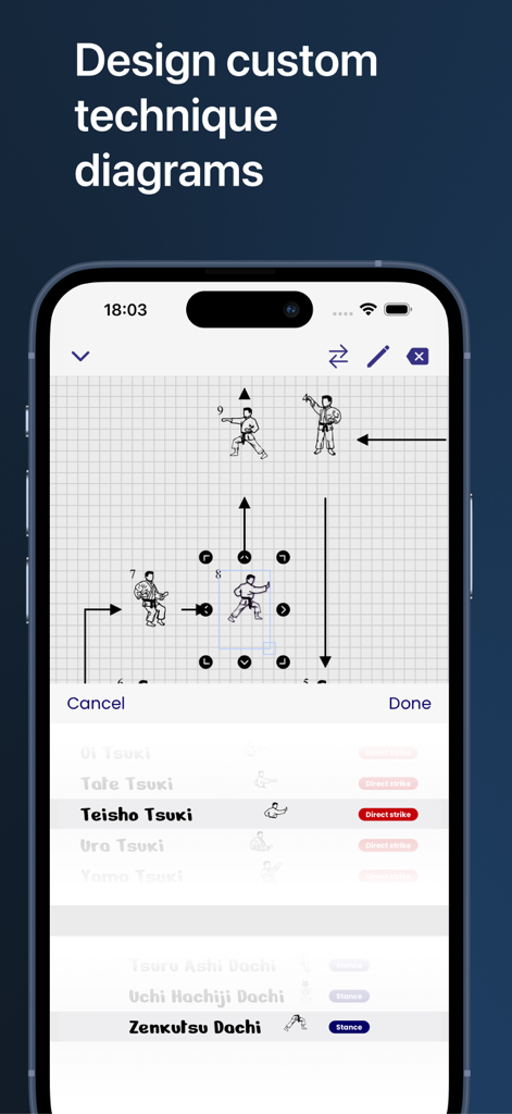 Karate Notes: Katas & Routines - App screen showing how to design custom karate technique diagrams with figures and movement arrows on a grid