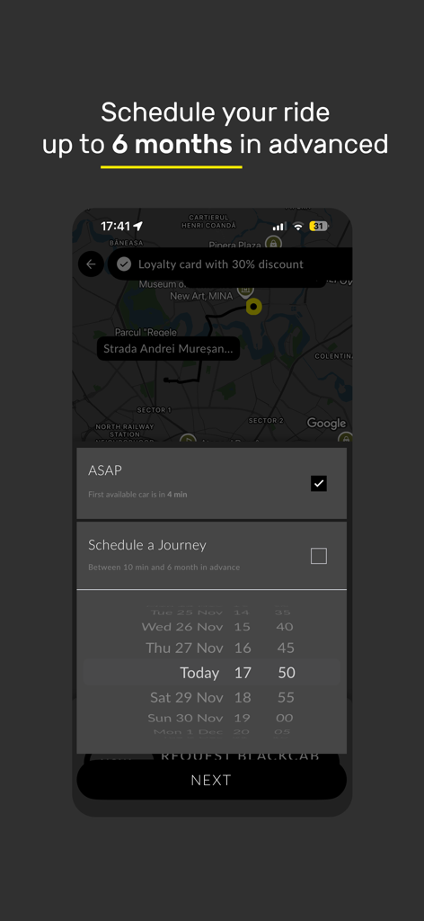 BlackCab - BlackCab mobile app interface for scheduling a ride in advance
