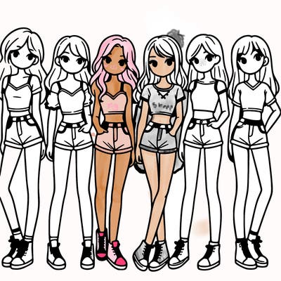a group of girls wearing crop tops and shorts