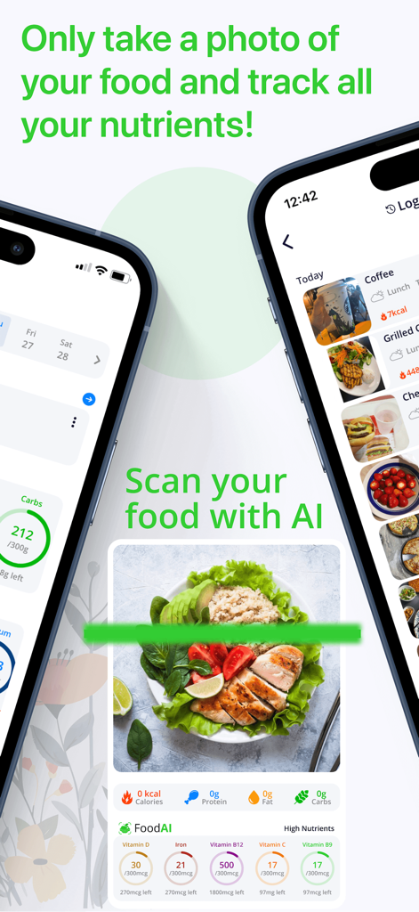 Calorie Tracker・Diet: Food AI - Application de suivi des calories par IA scannant une photo de repas sain pour une analyse détaillée des nutriments.