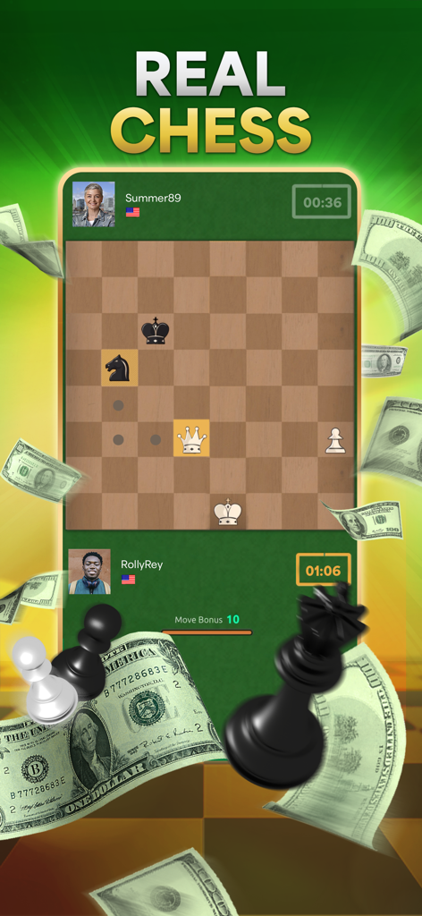 Chess Payday : Win Real Money - Interfaz de partida de ajedrez competitiva en la aplicación Chess Payday con billetes de dólar y perfiles de jugadores