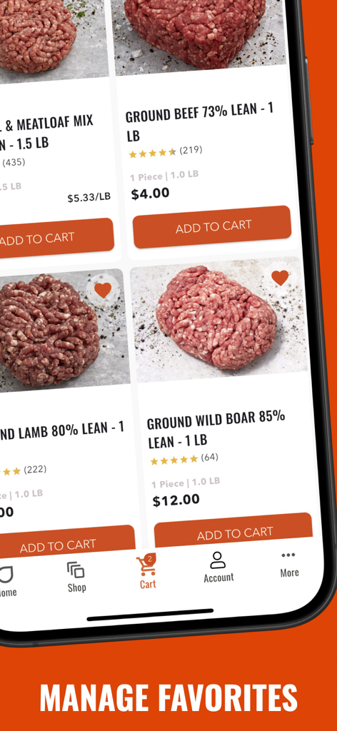 Wild Fork - Interface do aplicativo Wild Fork mostrando diferentes opções de carne moída como bovina, cordeiro e javali com um banner de gerenciamento de favoritos.