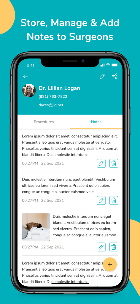 ScrubUp Surgical Procedures - A smartphone screen showing the ScrubUp app interface for managing surgeon notes and professional preferences