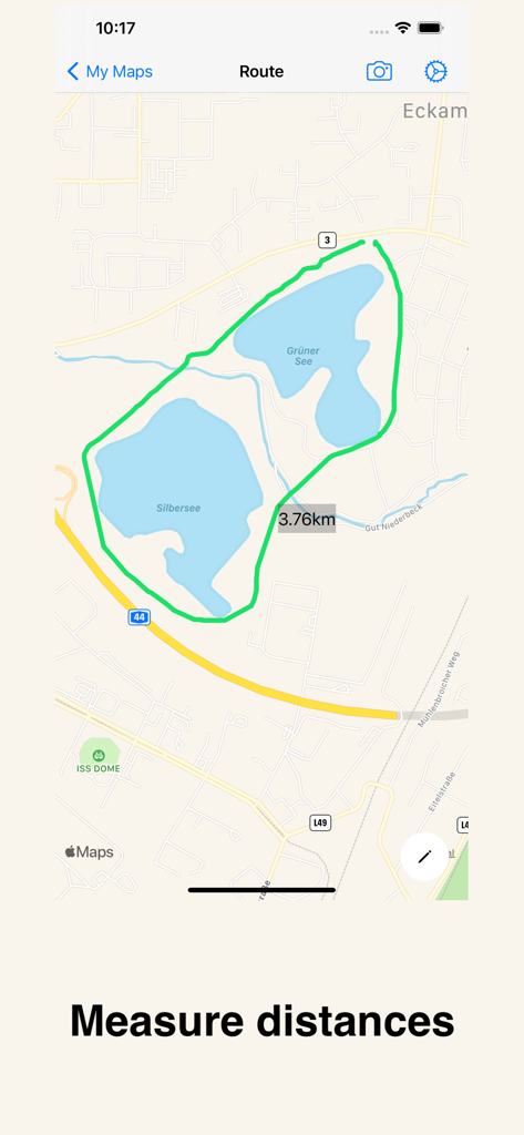 Handgezeichnete grüne Route um zwei Seen in MapDraw, die eine Distanzmessung von 3,76 km zeigt.