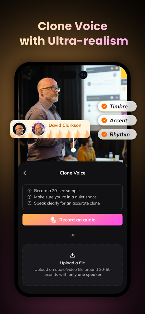 Smartphone screen showing the voice cloning interface of Vozo AI Voice Editor with options to record or upload audio.