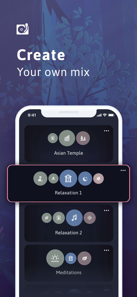 Smartphone screen showing the Sleep app interface for creating custom sound mixes for relaxation and meditation