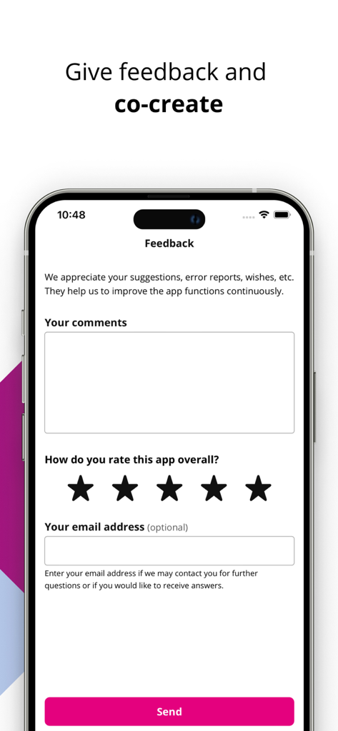 Feedback form in the Homegate Explorer app for user ratings and comments