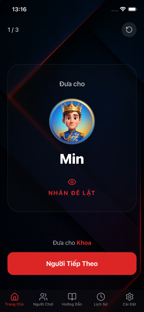 Une capture d'écran du jeu de l'application "Qui est l'espion" montrant une carte de personnage pour un joueur nommé Min et un bouton rouge "Personne suivante".