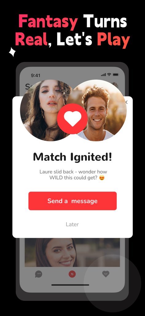 XDate app screen displaying a successful match notification between two users with a send message button