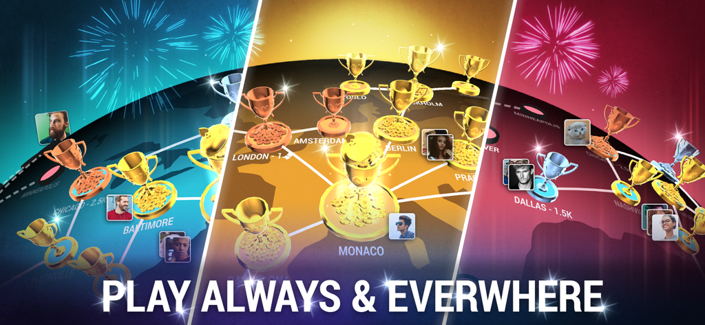 World map displaying various poker tournament locations with golden trophies and player profile icons