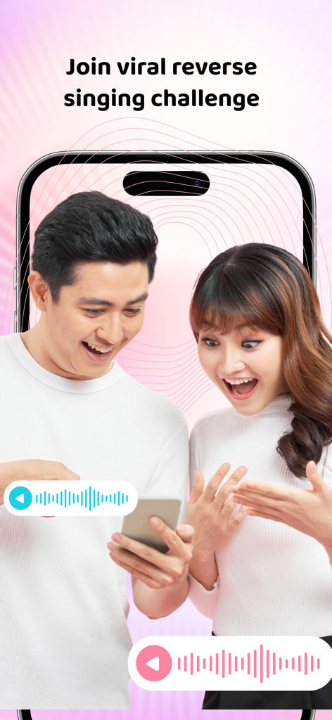 Two friends laughing while using the reverse singing challenge feature on their smartphone.