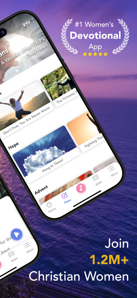 성경 공부 계획과 기독교 공동체 성장을 보여주는 여성용 매일 묵상 앱 홈 화면