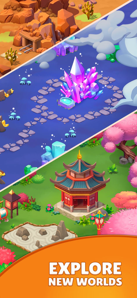 Tile Yard: Matching Game - A showcase of diverse game environments in Tile Yard featuring a desert canyon a crystal cave and a Japanese zen garden