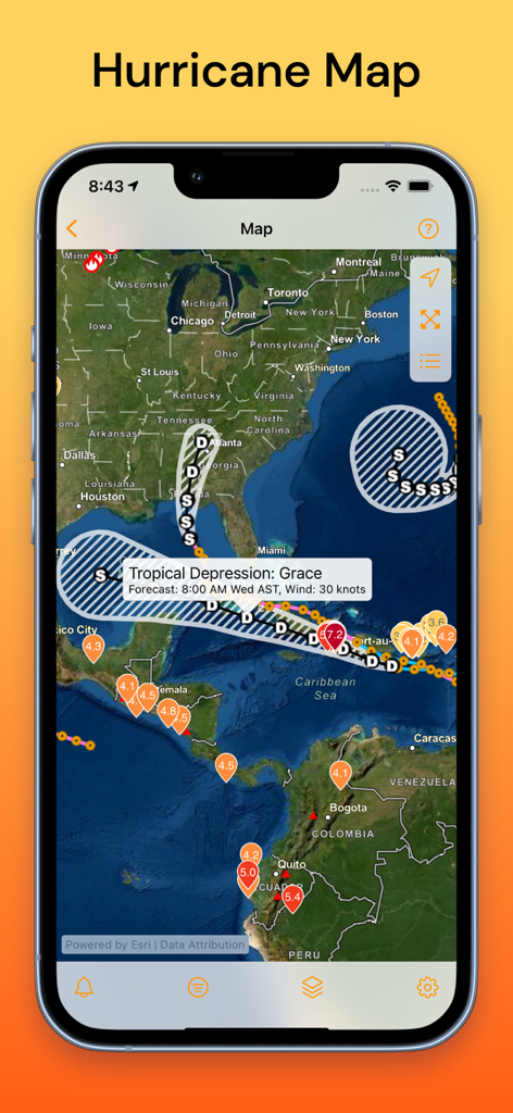 QuakeFeed Earthquake Alerts - QuakeFeed app interface showing a hurricane tracking map with the forecast path of Tropical Depression Grace and earthquake markers.