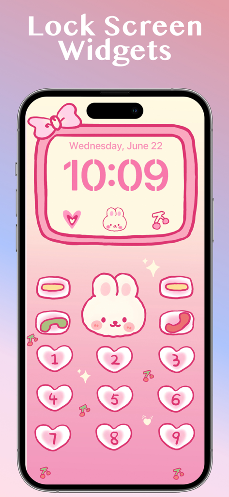 Live Wallpaper-Charing 4K - iPhone lock screen showing a pink aesthetic theme with a cute bunny character and heart shaped custom widgets
