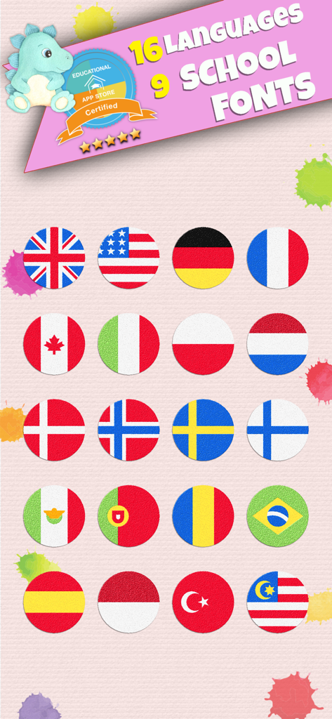 LetraKid PRO - Cursive Writing - Screenshot of LetraKid PRO app showing icons for 16 supported languages and text highlighting 9 school fonts with an educational certification badge.