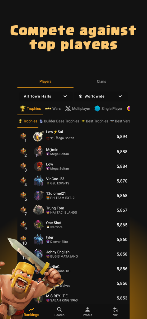 Clash of Stats - Classement mondial montrant les meilleurs joueurs de Clash of Clans et leurs trophées dans l'application Clash of Stats